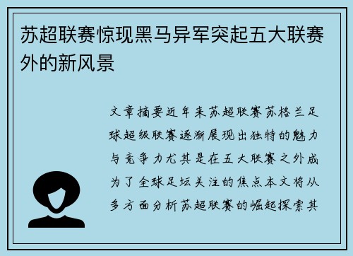 苏超联赛惊现黑马异军突起五大联赛外的新风景
